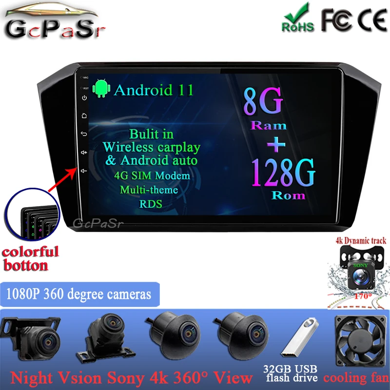 

DSP IPS Android 11 8 + 128G автомобильный стерео Мультимедийный плеер для VW Passat b8 2015-2020 сенсорный экран Carplay GPS навигация IPS