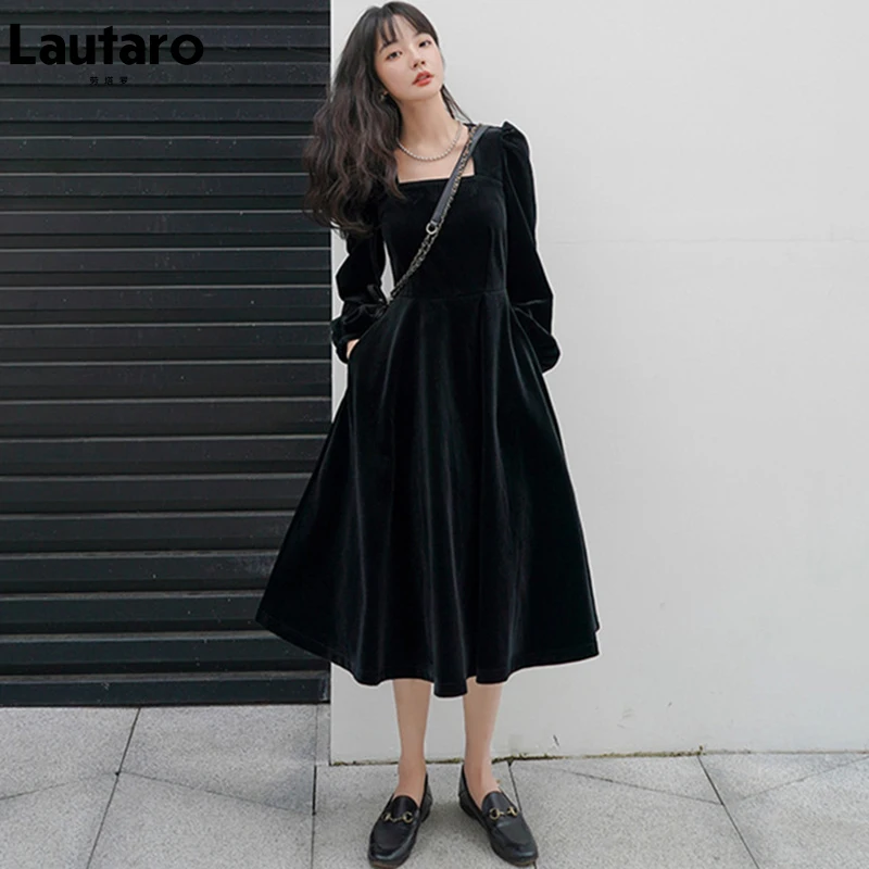 

Lautaro Осеннее черное эластичное бархатное платье миди с расклешенным вырезом и пышными рукавами с квадратным вырезом и длинным рукавом Женс...