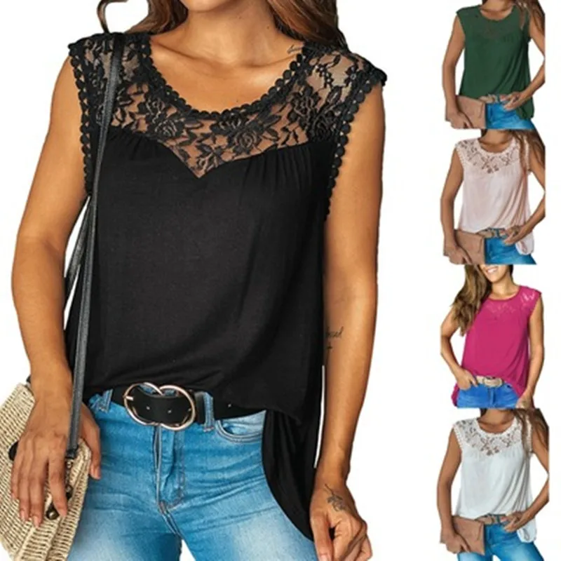 

Fashion Female Solid Color Top Summer Sleeveless Sexy Lace Splice T-shirt 2021 New Women Casual T-Shirt Office Lady Tank T-Shirt