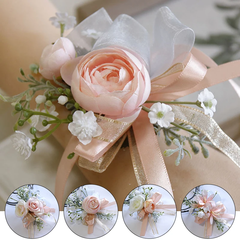 

Pink Floral Wrist Corsage Bracelets Ribbon Rose Bridesmaid Groom Hand Flowers Wedding Boutonnieres Marriage Prom Accessories