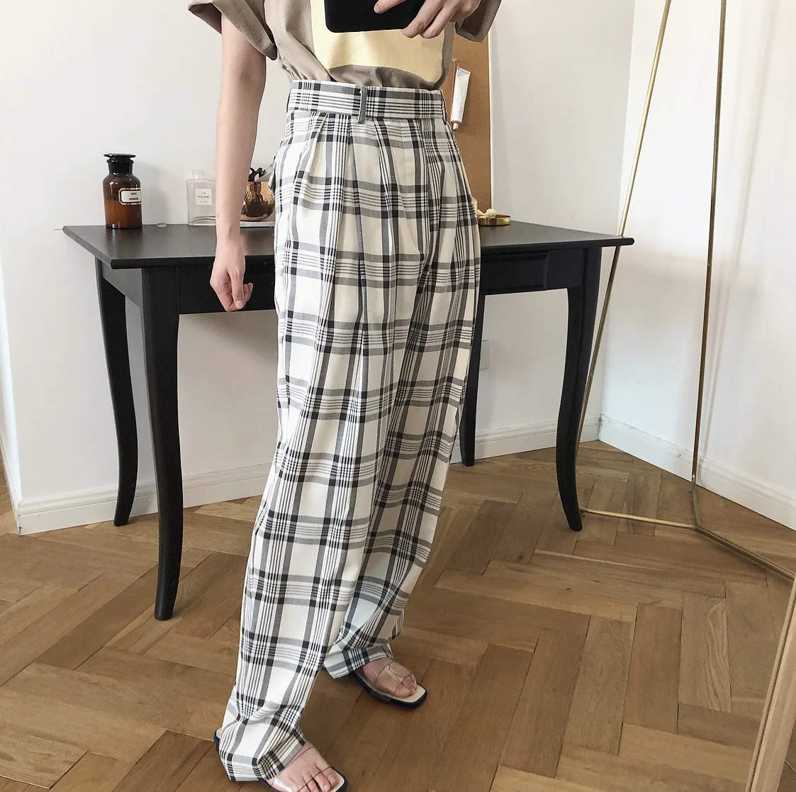 

Women Plaid High Waist Pants Straight Leg Loose Casual Pants Trousers 2021