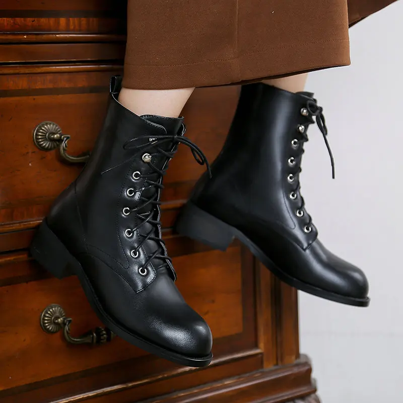 

2021 New Square Heel Lace Up Ankle Boots PU Leather Quality Ladies shoes Round Toe Autumn Winter Women Shoes Size 34-43