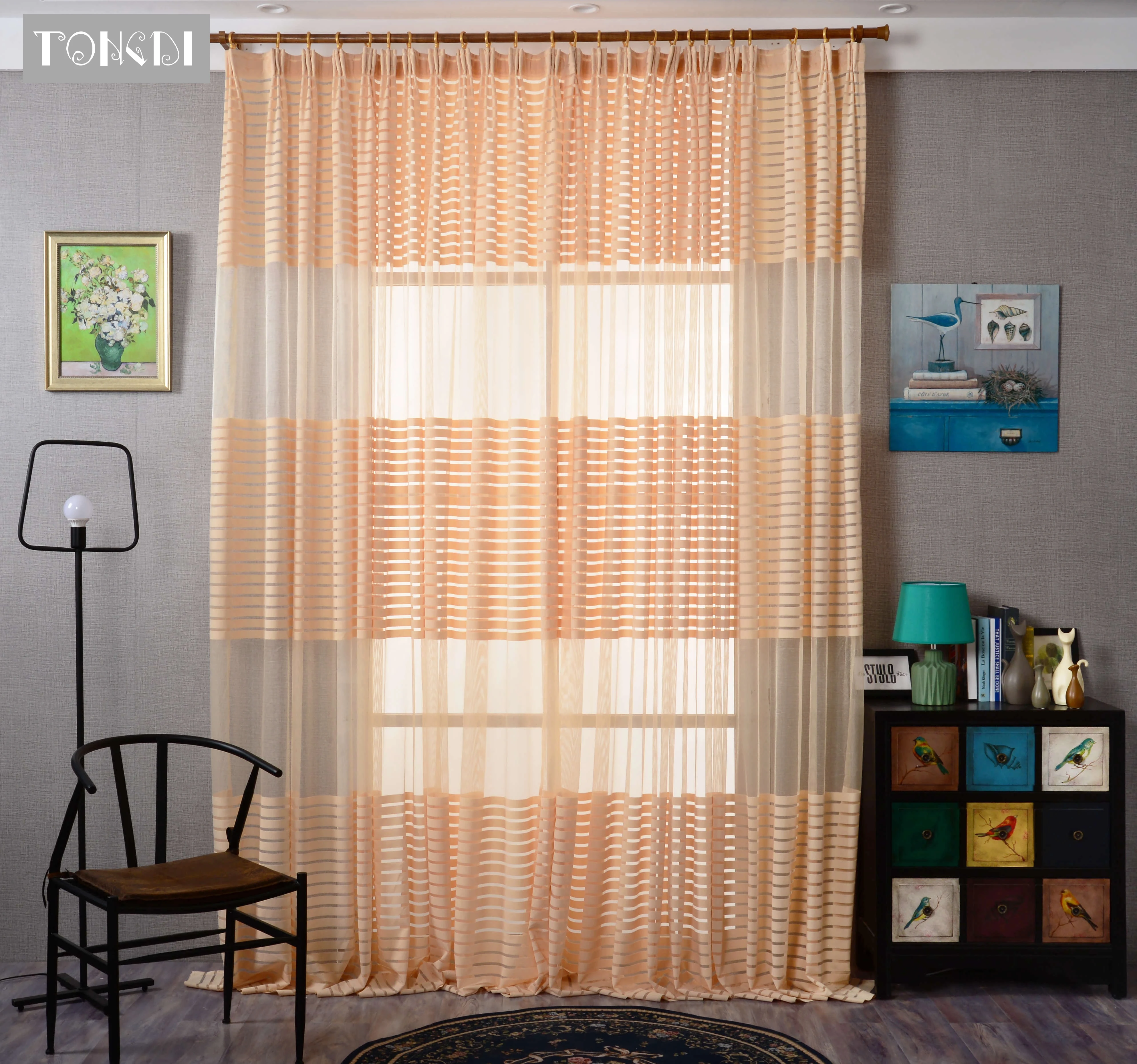 TONGDI Современная полосатая занавес панель Легкий просвечивающий для спальни