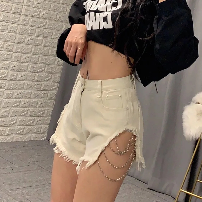 

Ins Hot 2020 Autumn Hip Hop Metal Element High Waist Dark Pocket Jeans Women Ripped Shorts