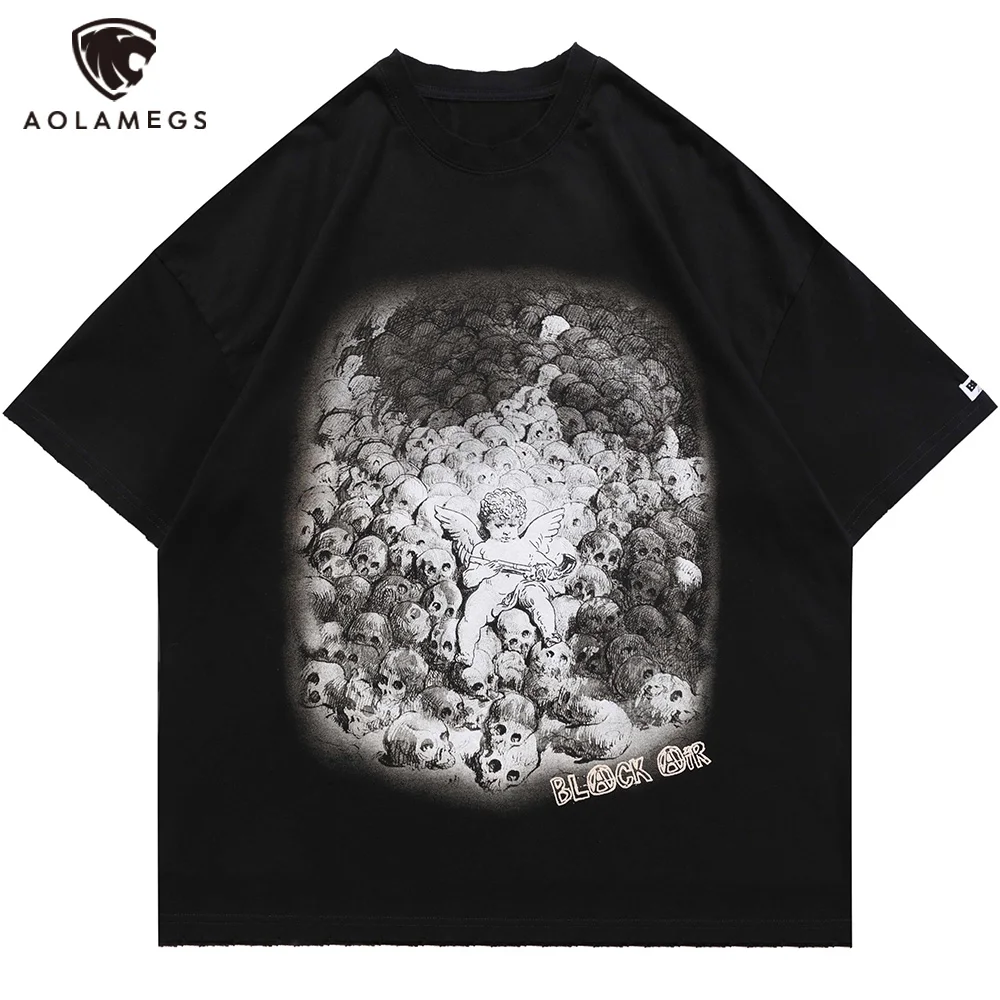

Aolamegs T-shirt Men Skeleton Angel Print Men's Tee Shirts Summer Baggy Retro Punk Gothic High Street Fashion Streetwear Couple