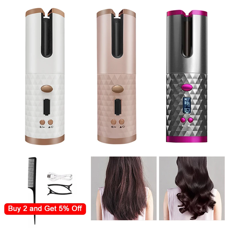 1pcPortable Wireless Automatic Curling Iron Hair Curler USB Rechargeable for LCD Display Curly Machine with 1 Comb+2pc Clips GH2