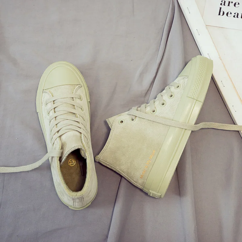 High-top Shoes Women Winter New Non-slip Solid Color Letter Flock Shoes Comfortable Flat Casual Women's Vulcanize Shoes