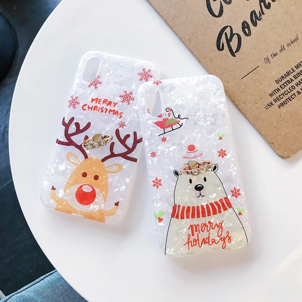 Marble Christmas Phone Case For iPhone 11 Pro X XR XS Bear Elk Cover With Finger Ring 7 8 Plus Stand |