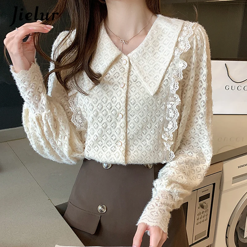 Jielur Весна Топы Блузки женские кружевные рубашки 2021 Мода S-XXL в стиле Питер Пэн