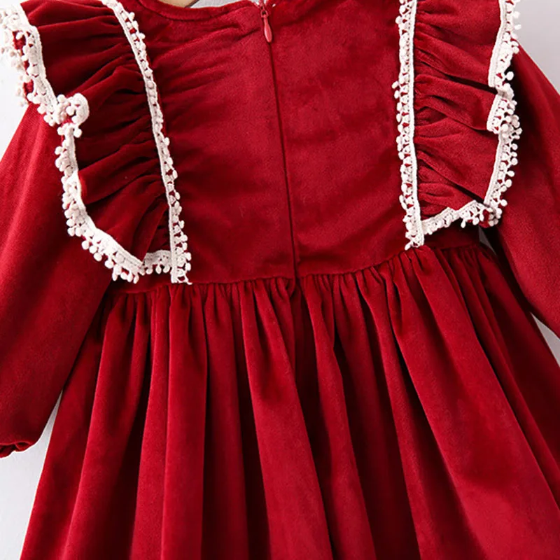

Winter Baby Girl Christmas Party Dress Children Sweet Princess Plus Velvet Warmth Hollow Floral Lantern Sleeve Fresh Long Skirt