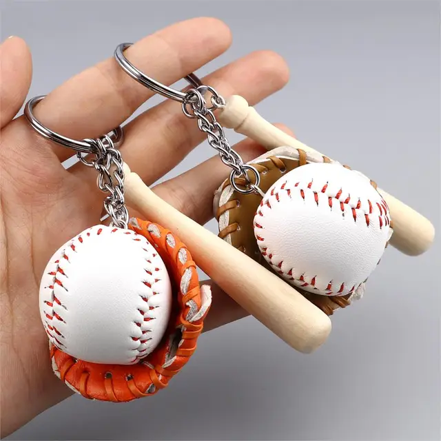 Colorful Mini Baseball Glove Wooden Ball and Bat Keyring 2