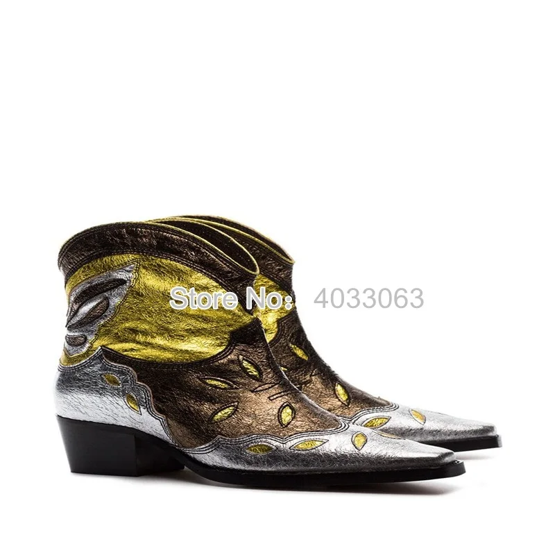 

Newest Vintage Cowboy Boots Women Suede Leather Embroidered Ankle Boots Brown Low Heels Slip On Western Boats Sapato Feminino