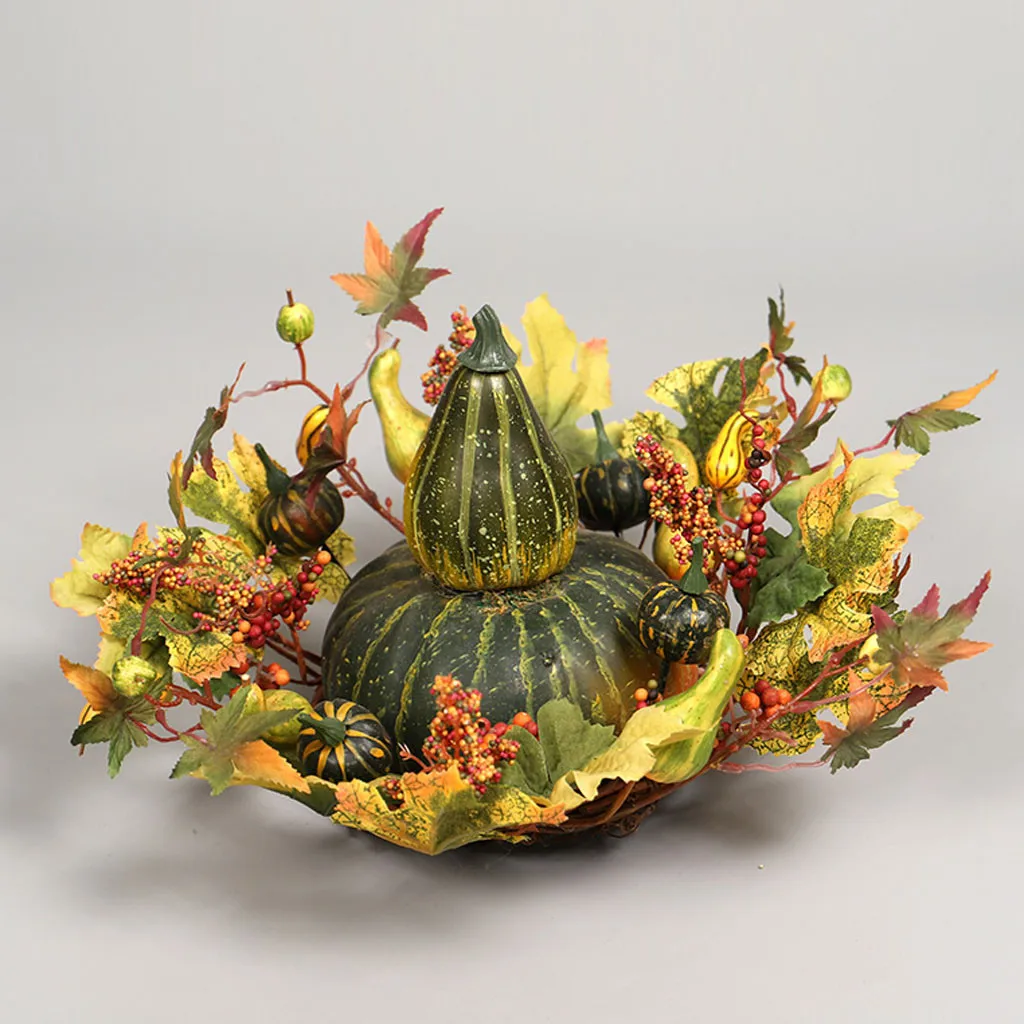 2020 Halloween Double Pumpkin Maple Leaf Wreath Home Decoration Ornaments Imitation Green pumpkin Plants Desktop Decor H5 | Дом и сад