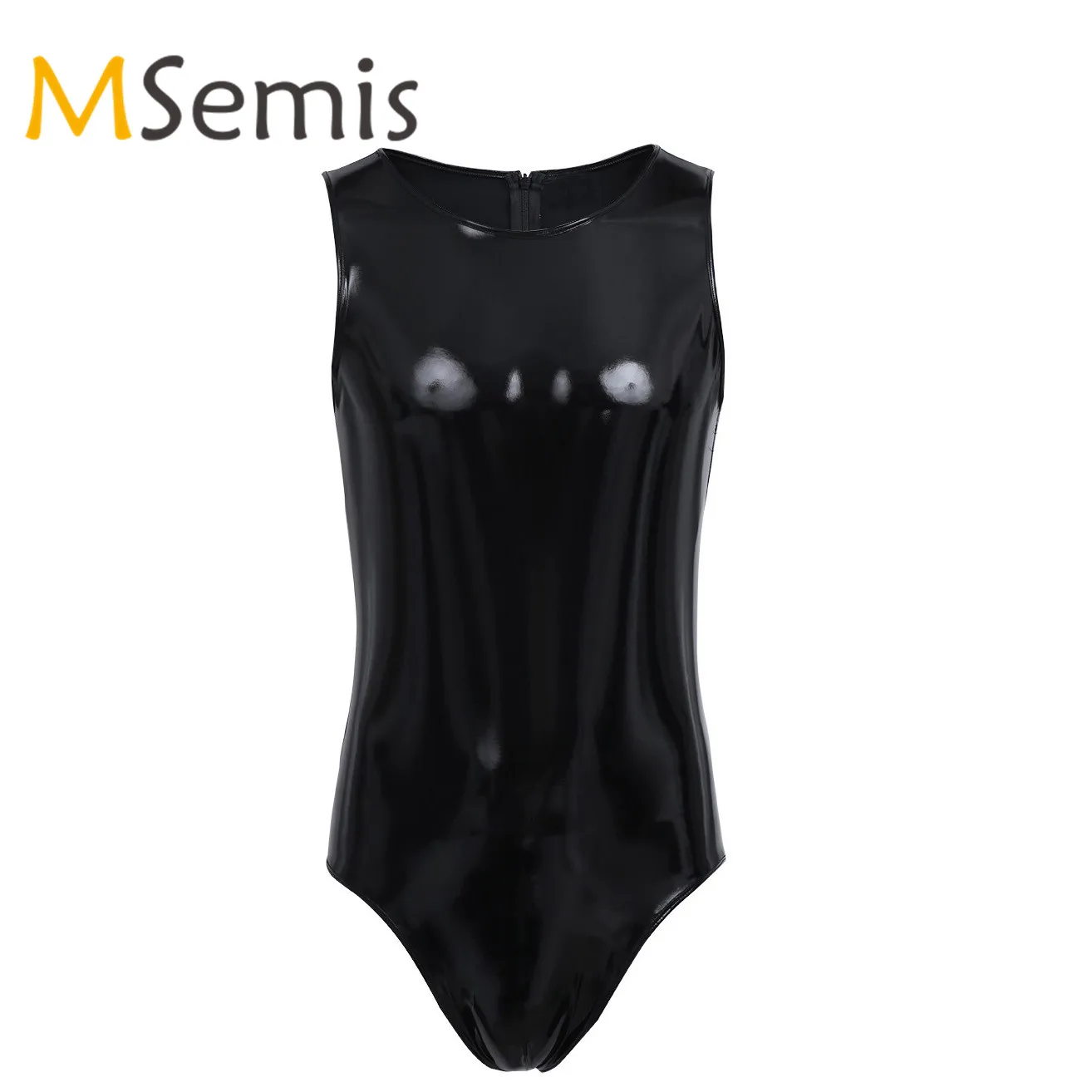 Мужское белье, блестящий латексный боди, купальник, Wetlook, лакированная кожа, Цельный купальник без рукавов, Облегающий комбинезон с застежкой-молнией, боди