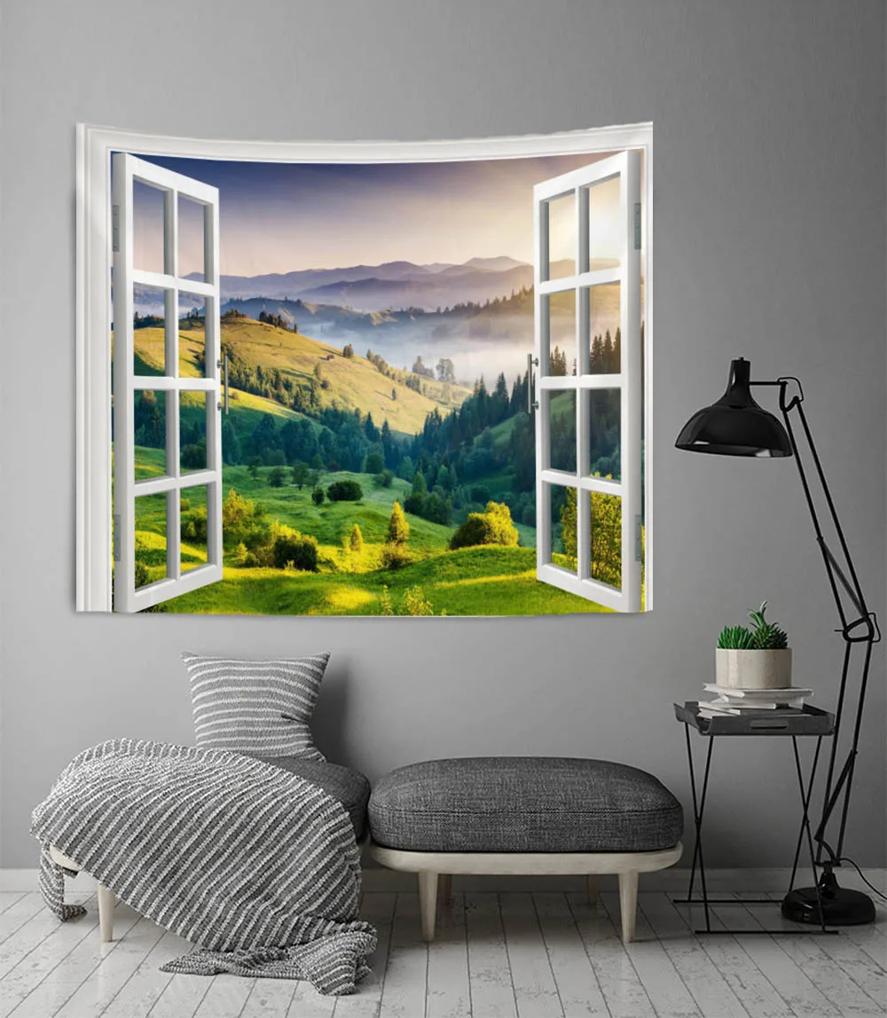 

Windows Scenery Tapestry Wall Hanging Cloth Bed Spread Beach Towel Table Cloth Yoga Mat House Decoration Living Room Decoration
