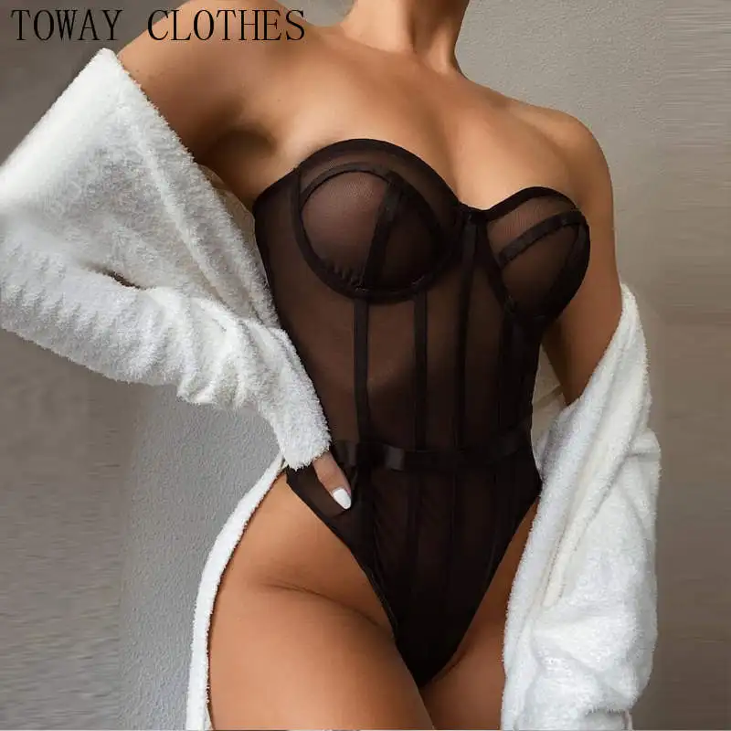 

Женский сексуальный комбинезон с открытыми плечами и открытой спиной, черный прозрачный облегающий боди, прозрачные сетчатые комбинезоны