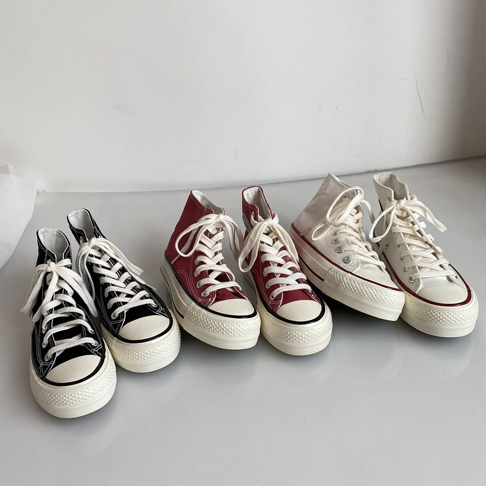 

High-top 4cm Platform Canvas Women Shoes Retro Lace-up Ladies Casual Sneakers Outdoor Breathable Leisure Footwear Real Pictures