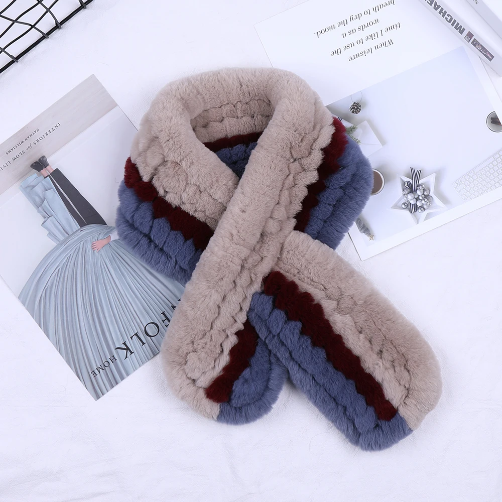 Для женщин из натурального меха ручной работы зимние теплые вязаный меховой шарф