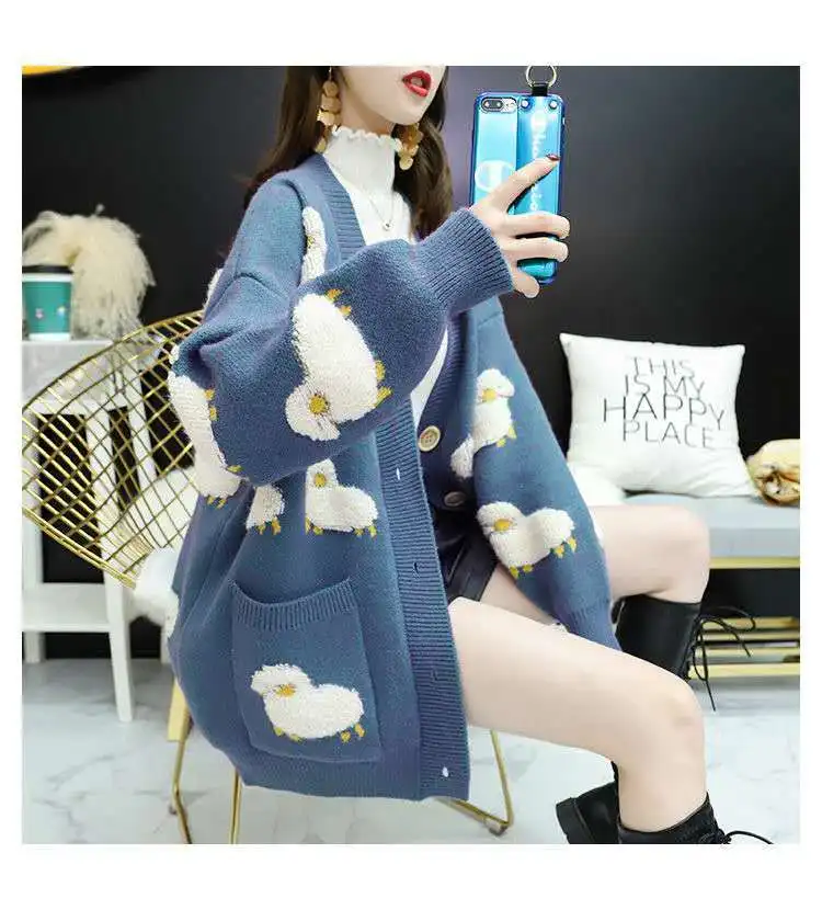 

Lamb Blue Autumn Knitted Female Cardigan Loose Streetwear Knit Sweater Coat Cute Cartoon V Neck Knitted Cardigan Women Jacket