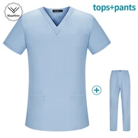 solid color top pants scrub suit male and female nurse v neck shirt veterinarian dentist side large pocket medical coveralls
