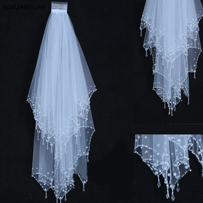 

BlingBling White Ivory 80CM Short Bridal Veils Crystal Rhinestone Sequin Pearls Edge 2T Wedding Veils with Comb Hot Accessories