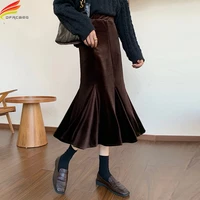 velour winter skirts women 2021 new arrivals korean fashion high elastic waist long mermaid skirt black or brown faldas largas