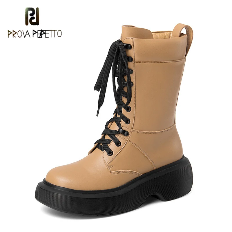

2021 Autumn and Winter New Round Toe Wedges Martin Boots Cross Straps Thick-soled Cowhide Fashion Casual Mid-tube Boots Women