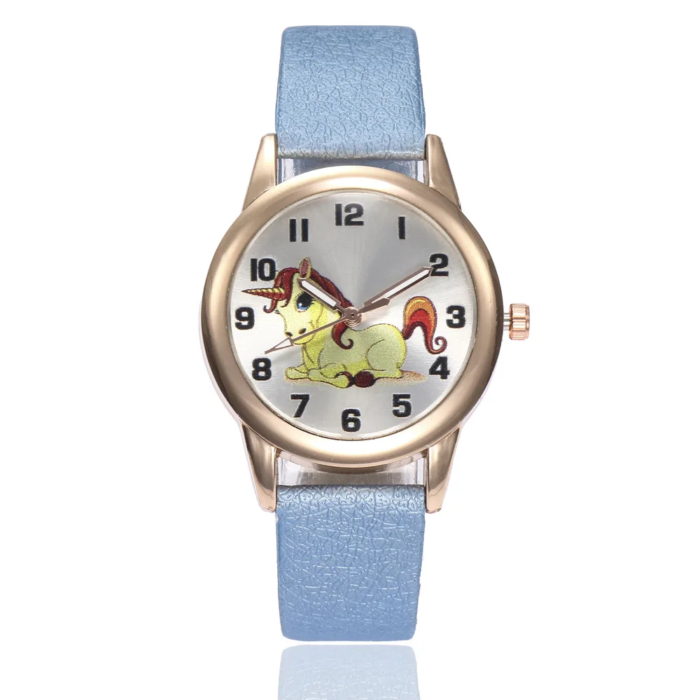 H315-Blue Детские модные часы с милым мультяшным единорогом, женские наручные часы с кожаным ремешком, классические цифровые часы для девочек и мальчиков, женские часы, Детские кварцевые часы - Цвет: H315-Blue