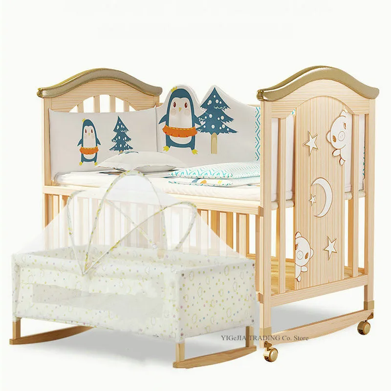 Pine Wood Baby Crib with Inner Cot, No Paint Kids Bed, Size 106*62*102cm, Small Cradle 84*45cm