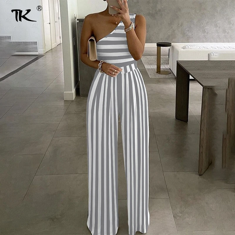 

Navy Blue Stripes Female Jumpsuit High Waist Single shoulder Jumpsuits Women 2021 Summer New Office Ladies Casual Loose Cloths