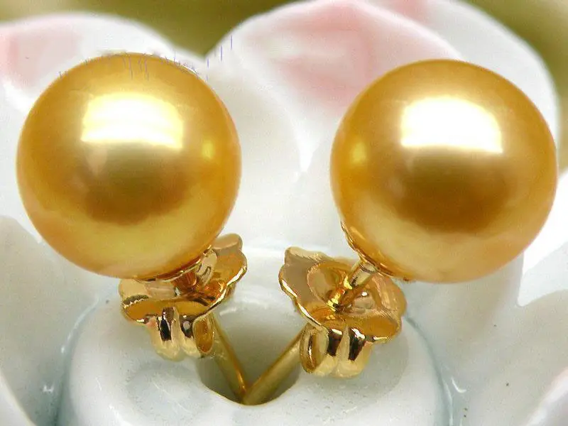 

8-9mm AAA+++ round golden yellow south sea pearl earring stud 14k solid gold