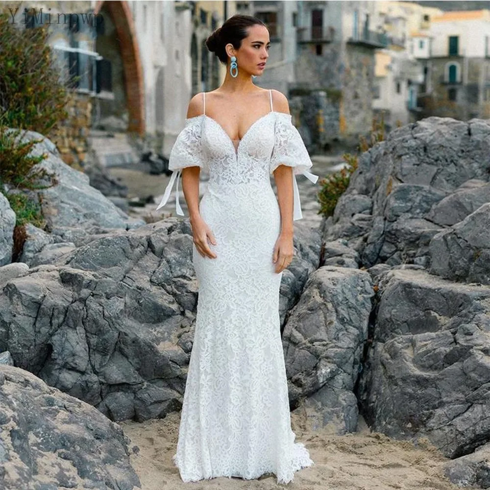 

YiMinpwp Lace Mermaid Wedding Dresses with Sleeve Spaghetti Open Back Sweep Train vestidos de novia robe sirène mariage