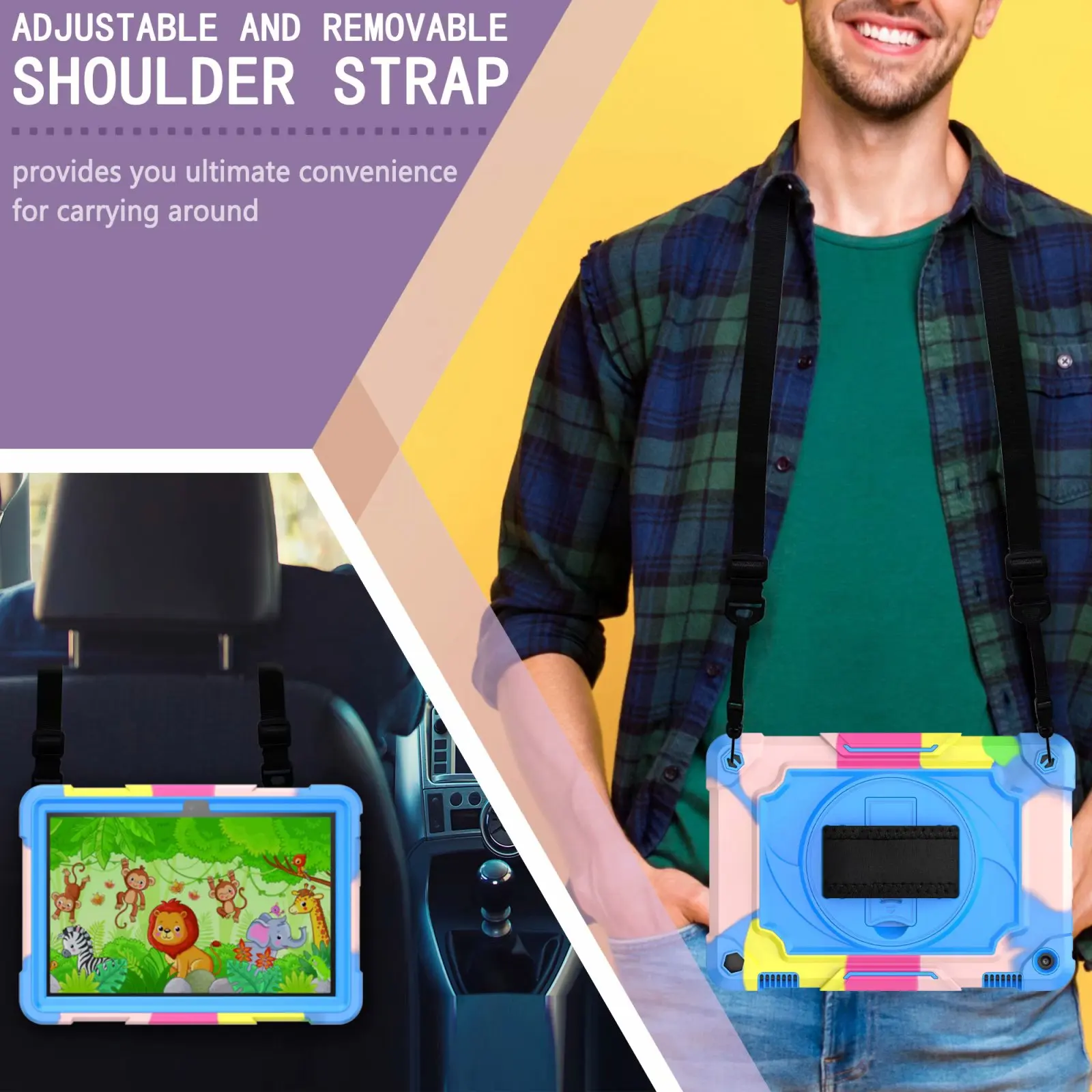 

Colorful Handle Stand Case for Kindle Fire HD8 2020 Soft Silicone Shockproof Tablet Cover with Shoulder/ Hand Strap Bracket