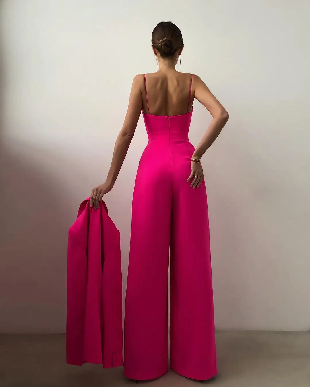 

2021 Spring Chiffon Sexy Joker Solid Elegant Spaghetti Strap European and American Women's High Waist Wide Leg Jumpsuits