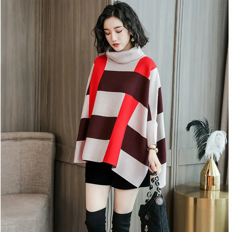 

SuperAen Fall/winter 2021 New Color Matching Turtleneck Batwing Sleeve Long Knitted Shawl Top Sweater Women