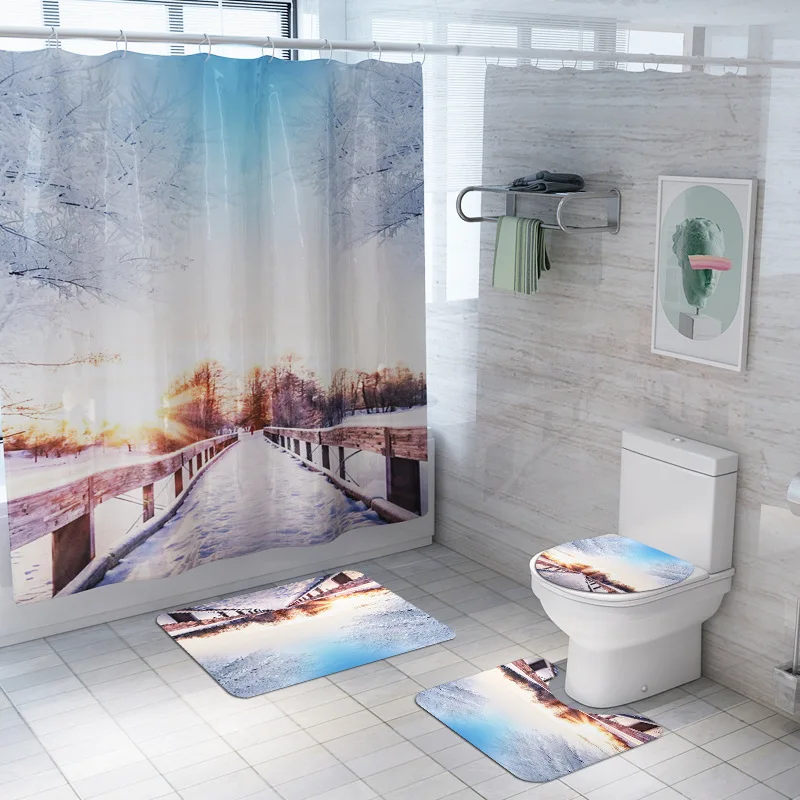 Zeegle Snow Pattern Shower Curtain with Toilet Mat Set U Type Rug Pedestal Polyester Room Doormat Floor | Дом и сад