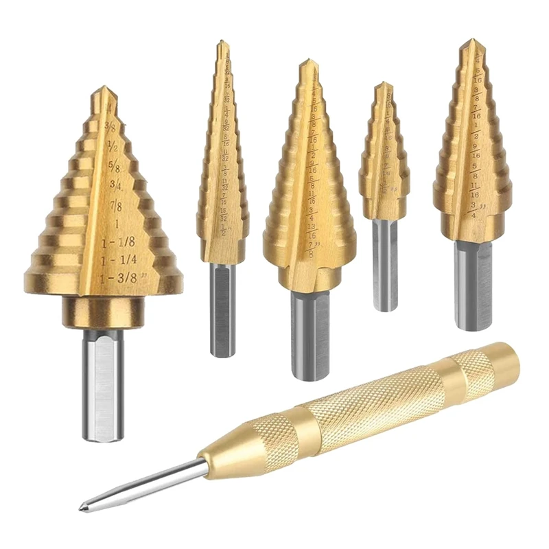 

HSS Step Drill Bits and Automatic Center Punch 6 Pcs Set with Titanium Coated,Portable Case Step Drill Bits Set