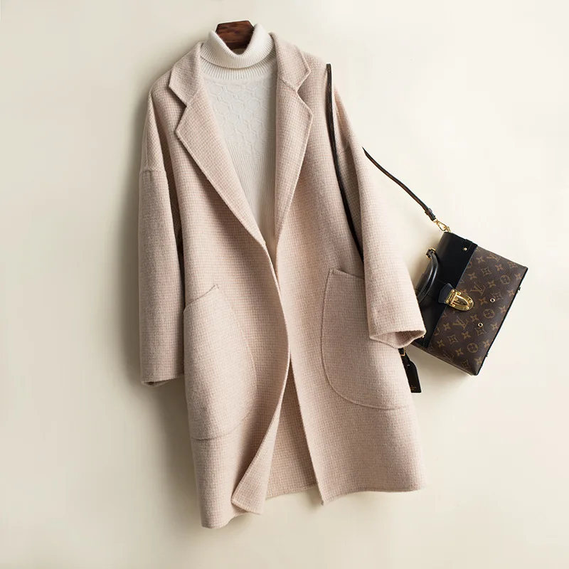 

Autumn Winter New Thousand Bird Plaid Woolen Coat Wool Double-sided Woolen Coat Women's Long Outwear Female Fashion Overcoat