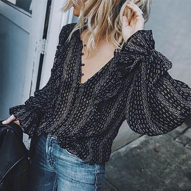 Рубашка в стиле ретро женские черные Boho офисные повседневные воздушные шары с
