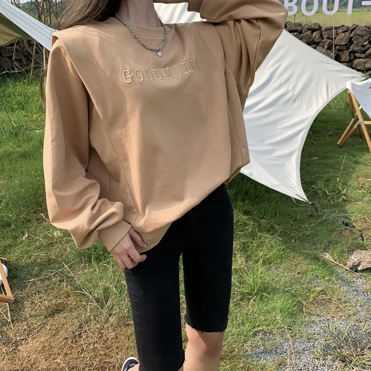 

KUSAHIKI Korean Letters Embroidery Women Sweatshirt Causal Long Sleeve O-neck Hoodies 2021 Spring New Pullover Jumpers 6F083