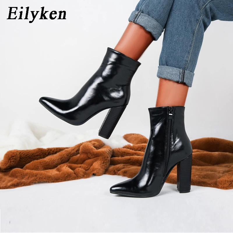 Eilyken/женские ботинки из искусственной кожи; зимние ботинки с острым носком на высоком каблуке; модные мотоботы на молнии; цвет коричневый; размеры 41, 42