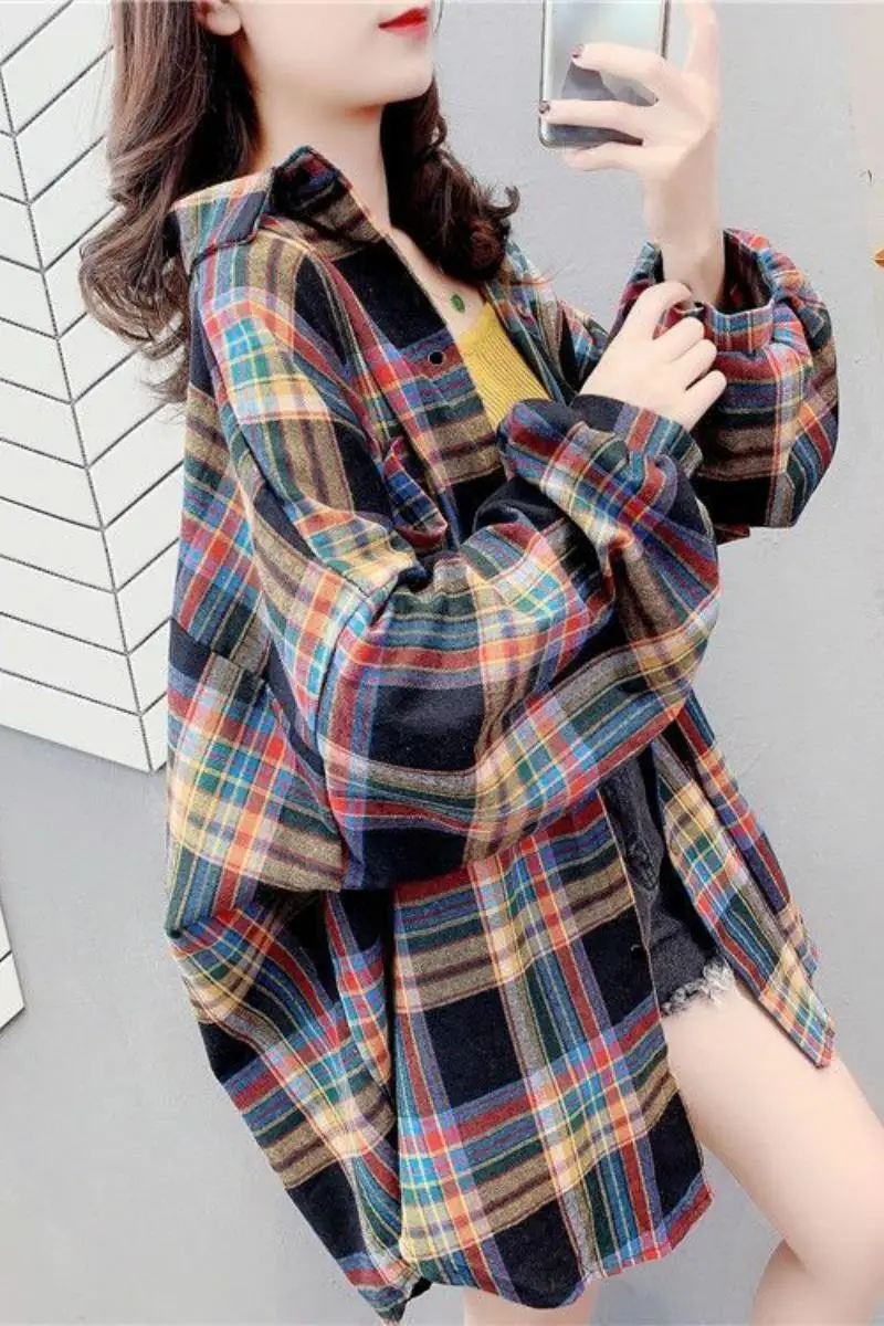 

Plaid Shirt women's Hong Kong style new 2021 spring and autumn long sleeve medium length loose Korean sunscreen versatile shirt