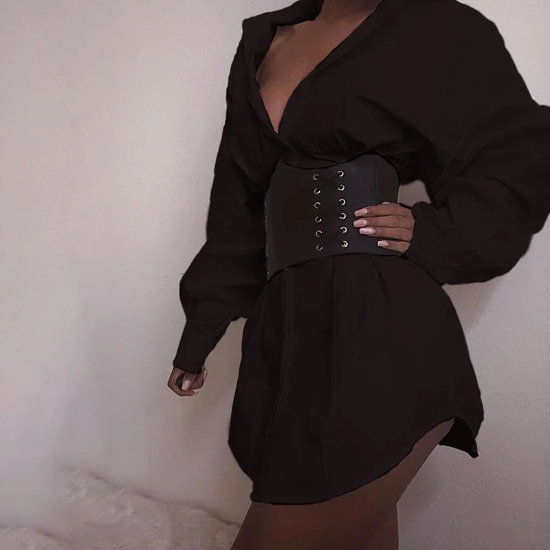 

Fashion Women Autumn Fashion Casual All-match Concise Solid Color Deep Sexy Fold Blouse Shirt Dress