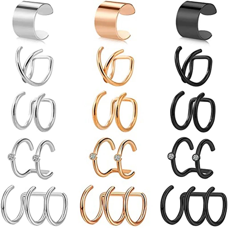 WKOUD 15 Pcs Stainless Steel Ear Cuff Helix Cartilage Clip On Wrap Earrings Fake Nose Ring Non-Piercing Adjustable Men Women