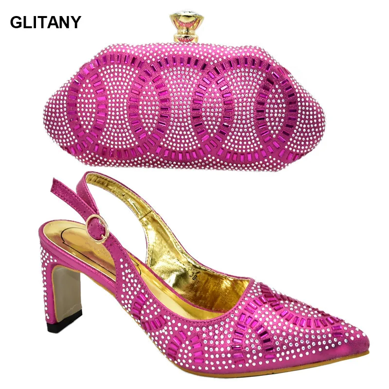 

Elegant Nigerian Women Wedding Shoes and Bag Decorated with Rhinestone Women Shoes and Bag Set In Italy Pointed Toe Square Heel