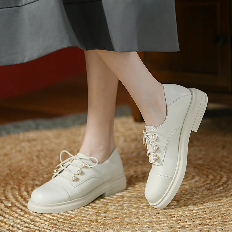 

EshtonShero Platform Casual Shoes Spring Autumn Women Pumps Shoes Low Heels Black Lace Up Leather Shoes Round Toe String Bead