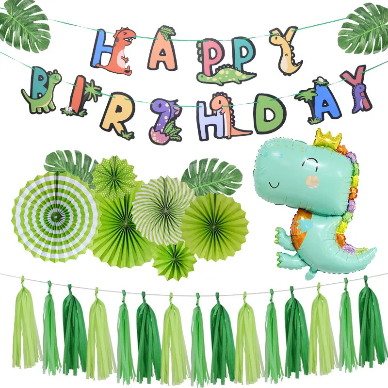 

Набор воздушных шаров в виде динозавра на день рождения, флаг, бумажный веер, цветок, фоновое украшение, бумажные кисточки, детское украшени...