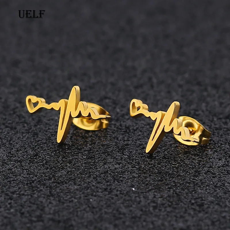 Uelf модные золотые &quotкардиограмма сердца серьги гвоздики в виде ЭКГ медицинской