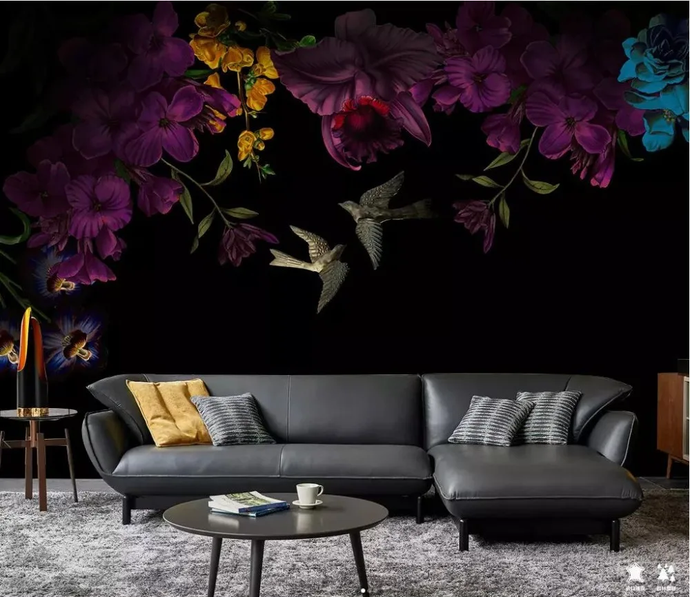 CJSIR Custom Nordic Minimalistic Peony Flowers Wall Paper Black Background Wallpaper for Loving Room Bedroom | Обустройство дома