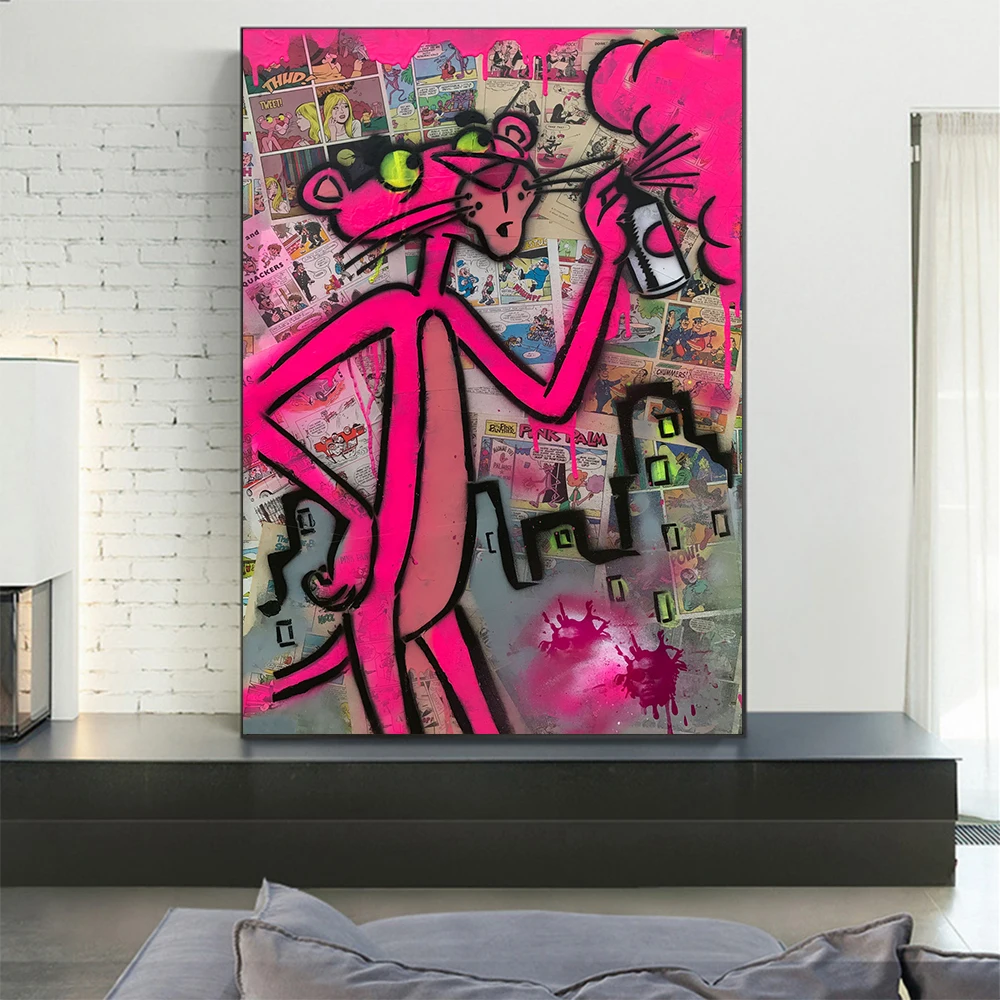 

Graffitti Street Art Canvas Poster and Prints Pink Leopard Animal Pop Cartoon Painting Wall Spray Can Panther Picture Home Decor